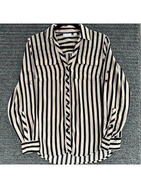 New York & Co Cream Black Stripe Semi Sheer Button Up Blouse Roll Tab Medium